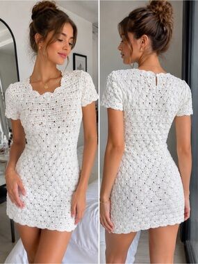 White Crochet Short Sleeve Mini Dress